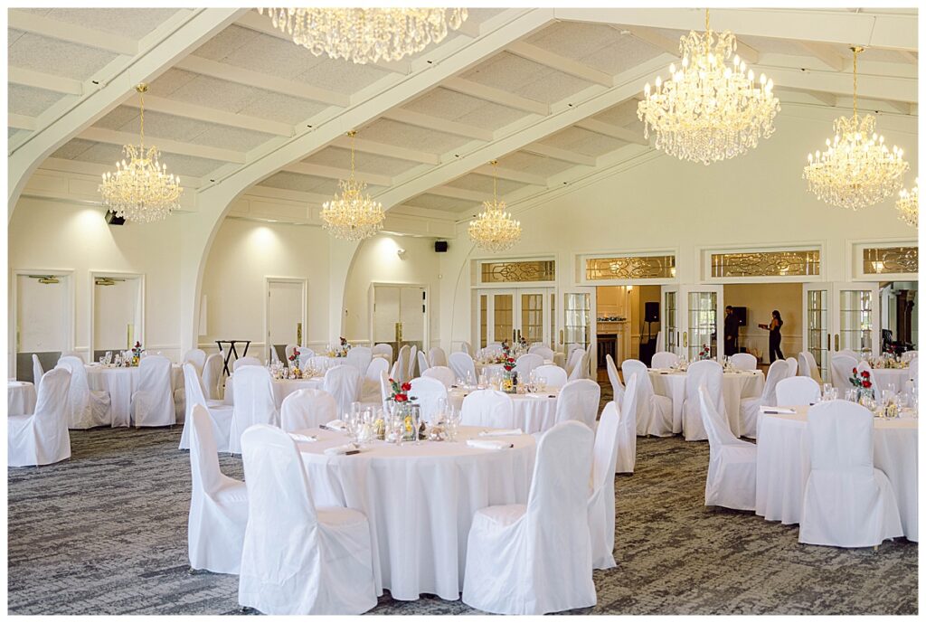 A ballroom photo of a wedding inside Cloverbank Country Club